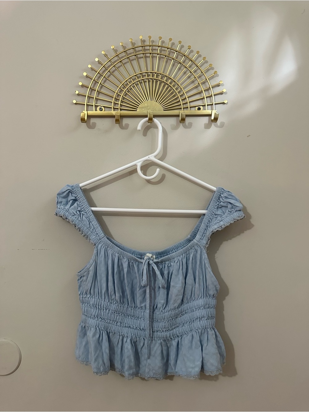 Cotton Candy Light Blue Smocked Ruffle Tie-Front Top
